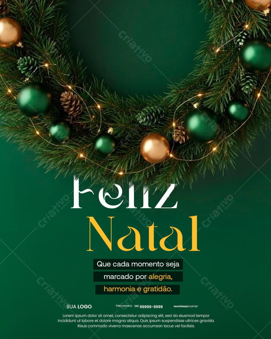 Post Feliz Natal Guirlanda Verde e Dourada PSD Editável