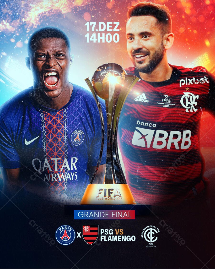 Flyer Jogo de Futebol Grande Final PSG vs Flamengo PSD Editável