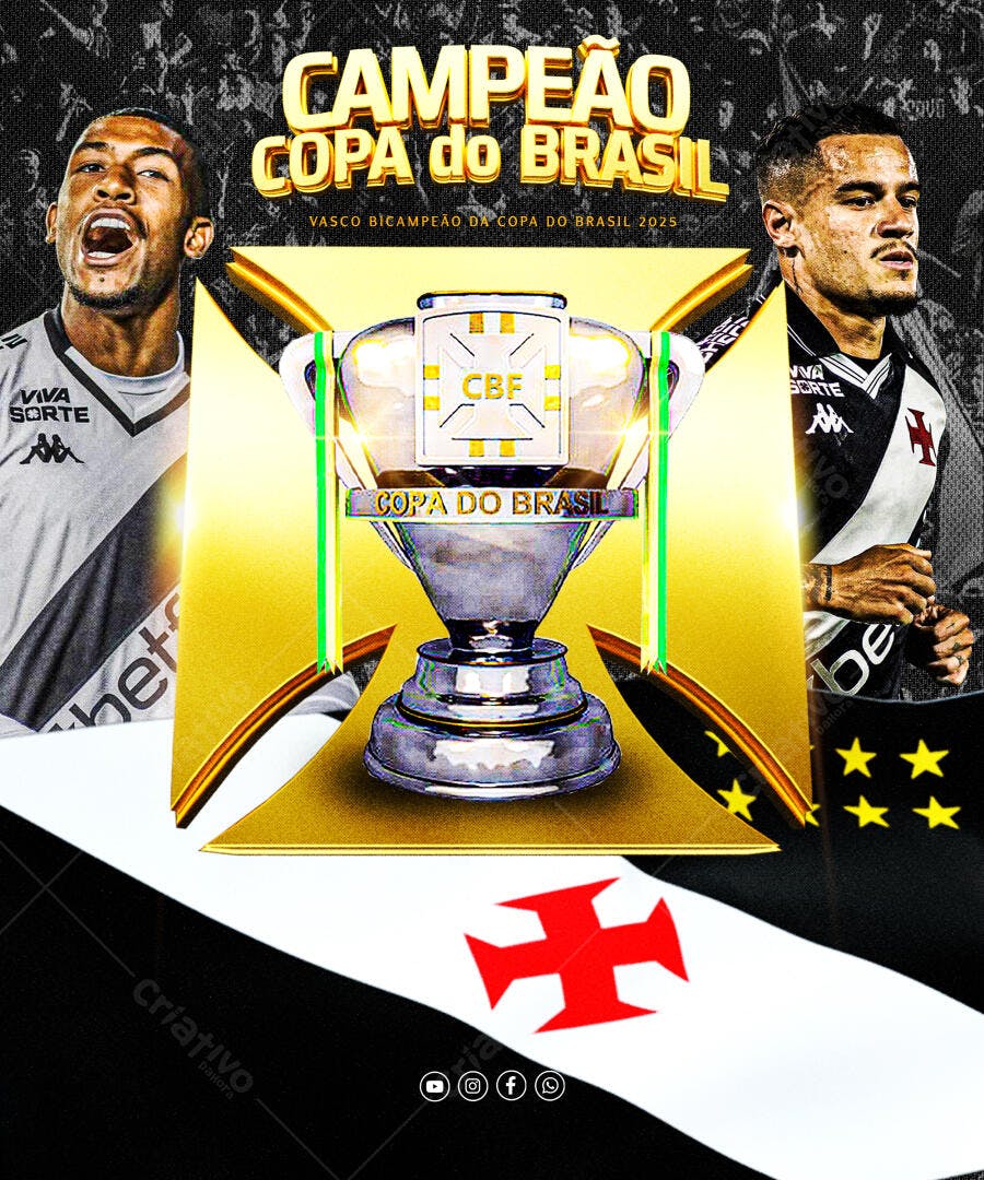Post Rede Social Vasco Bicampeão Copa do Brasil 2025 PSD Editável