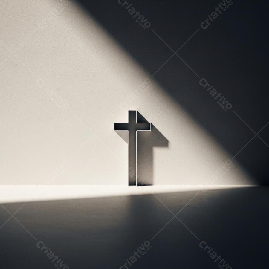 Cruz em ambiente minimalista com luz e sombra dramáticas