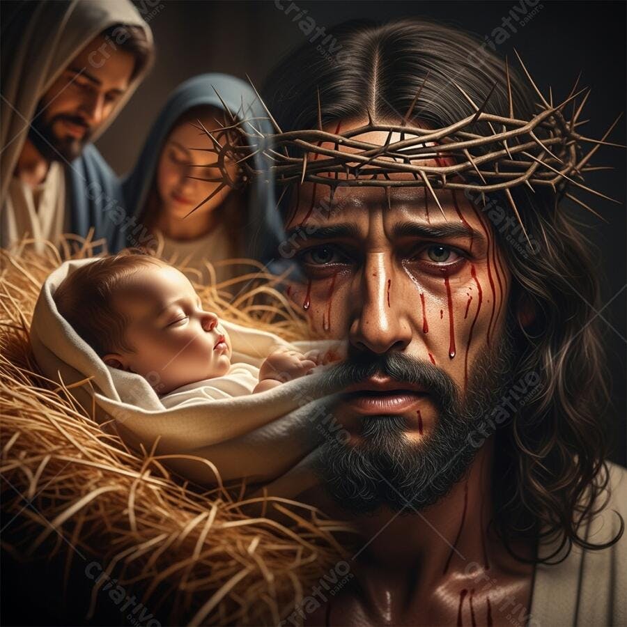 Jesus Cristo bebê na manjedoura e adulto sofredor com coroa de espinhos sangue