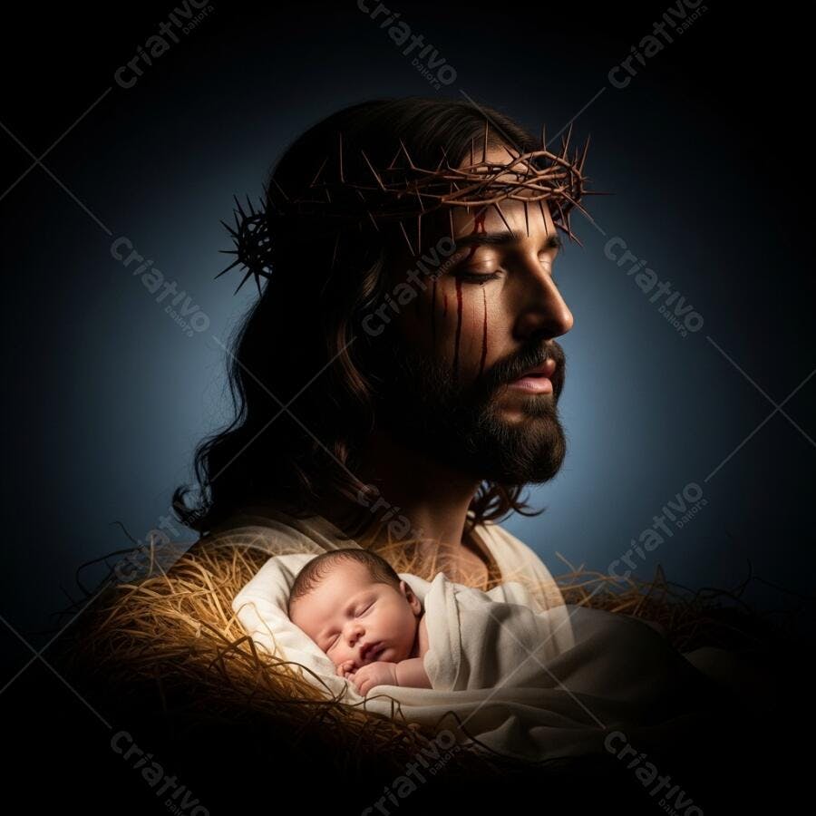 Jesus Cristo coroado de espinhos e bebê em berço de palha escuro