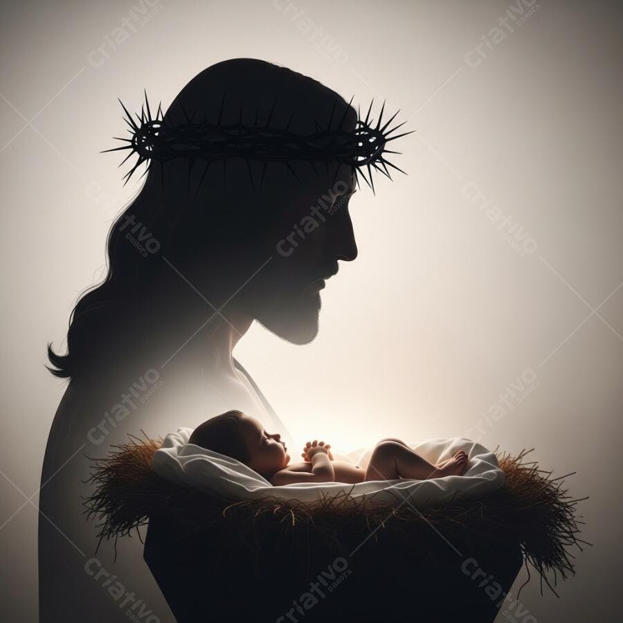 Jesus Cristo silhueta com coroa de espinhos e bebê em manjedoura
