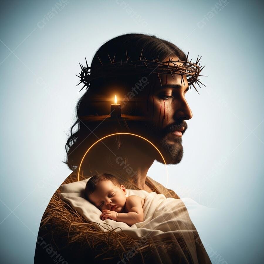 Jesus Cristo adulto com bebê em manjedoura coroa de espinhos e luz de vela
