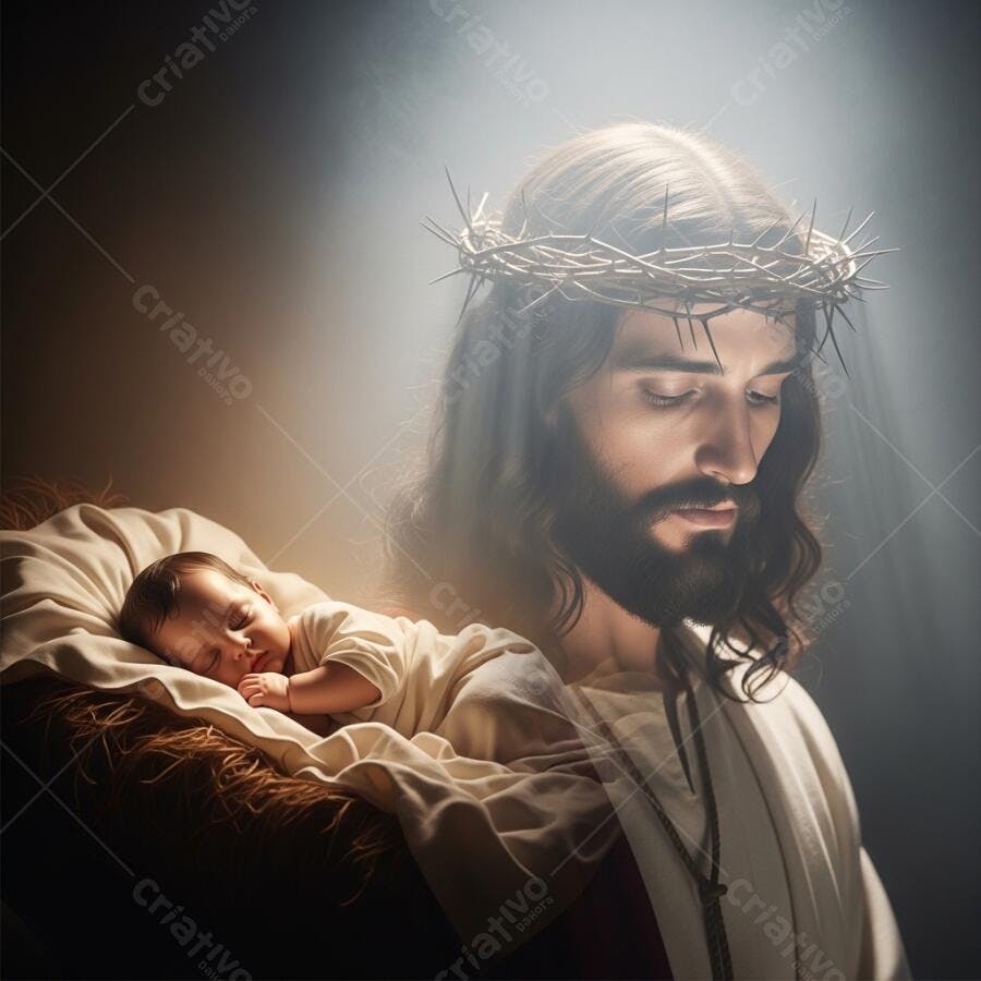 Jesus Cristo olhando bebê recém-nascido em manjedoura com luz divina