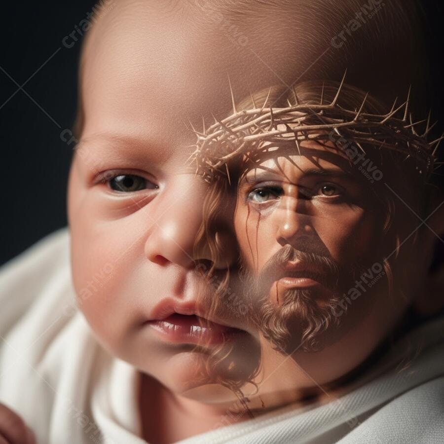 Bebê recém-nascido com rosto de Jesus em sobreposição e coroa de espinhos