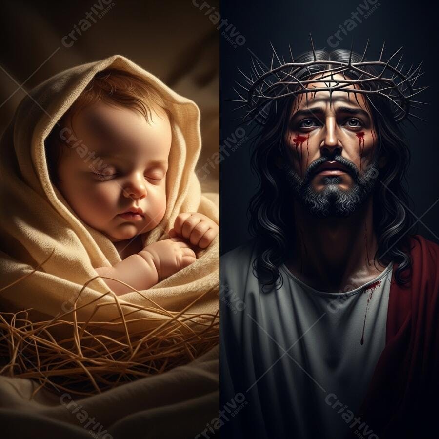 Jesus Cristo recém-nascido sereno e adulto coroado de espinhos ensanguentado