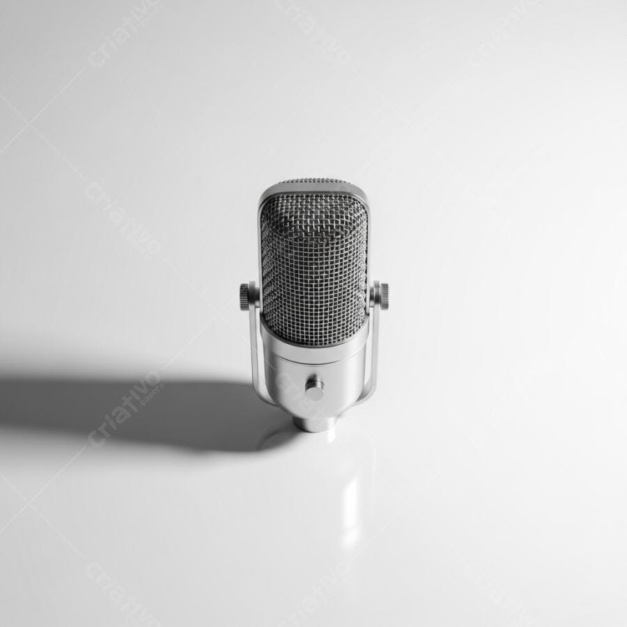 Microfone clássico retrô prateado em estúdio minimalista branco