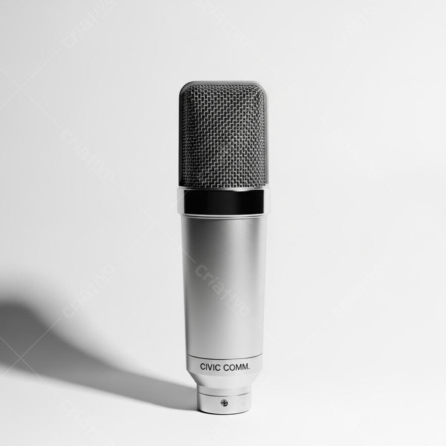 Microfone condensador prata e preto para estúdio e podcast