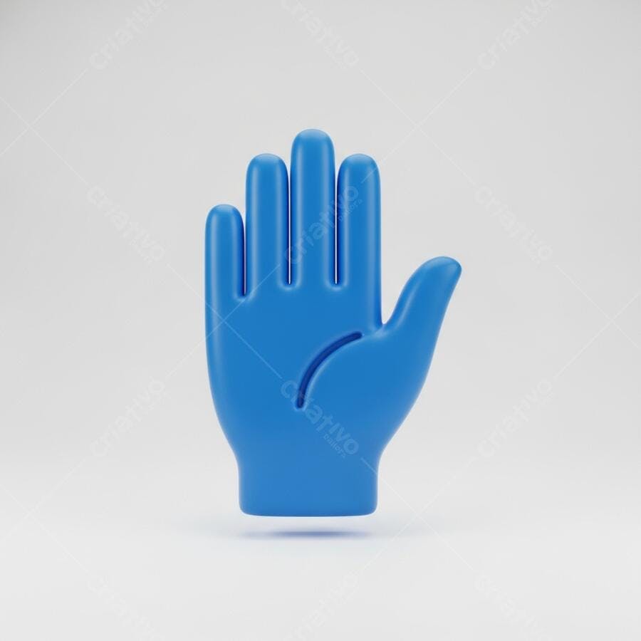 Mão azul 3D em gesto de parar ou atenção sobre fundo branco minimalista