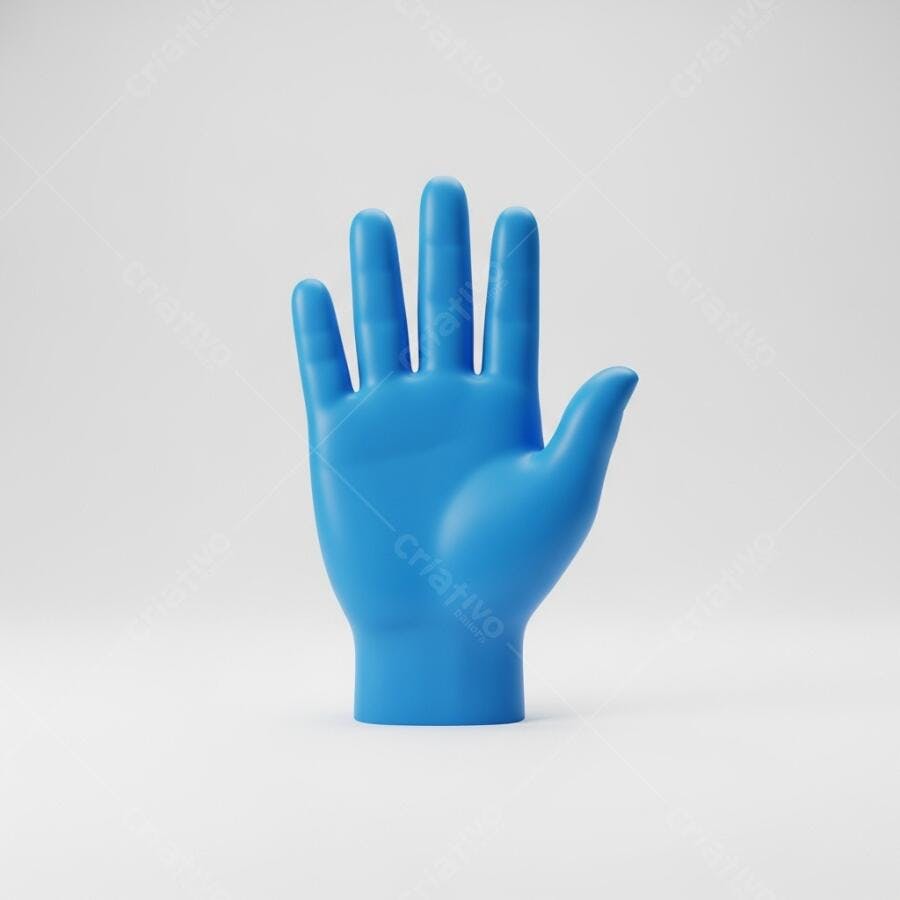Mão azul 3D renderizada isolada em fundo branco minimalista