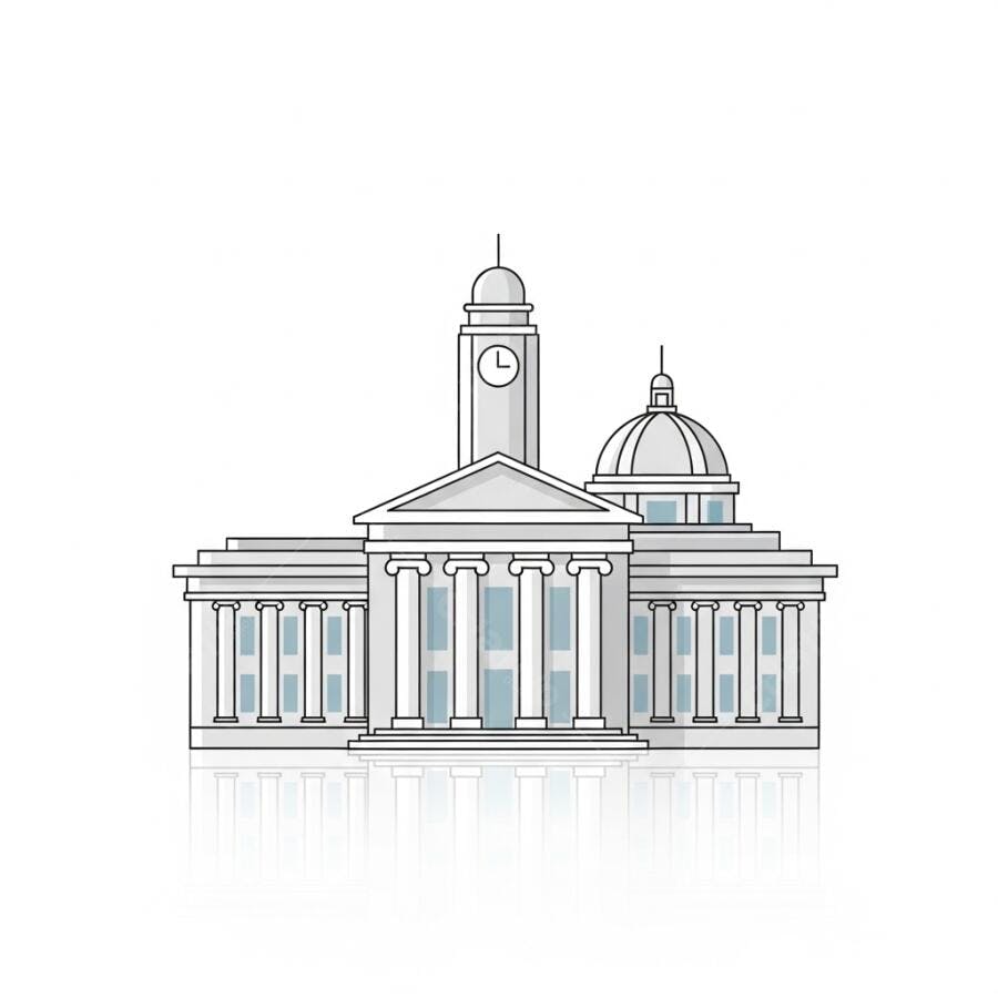 Ilustração de edifício neoclássico com torre do relógio e cúpula