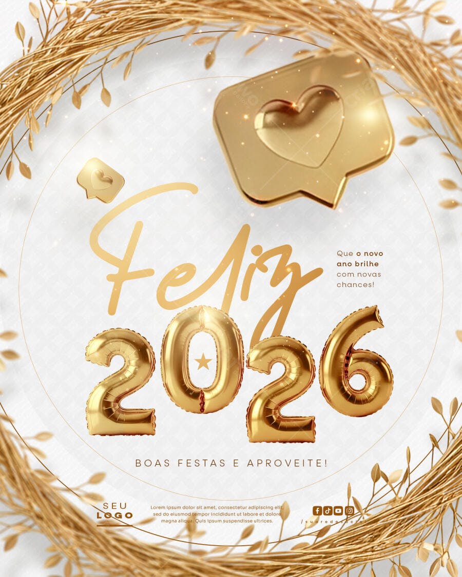 Post Redes Sociais Feliz Ano Novo 2026 Dourado PSD Editável