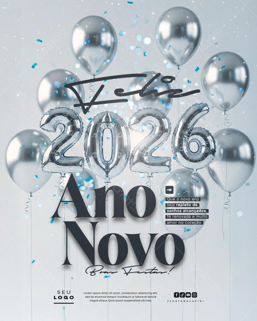Flyer Ano Novo 2026 com Balões Prateados PSD Editável