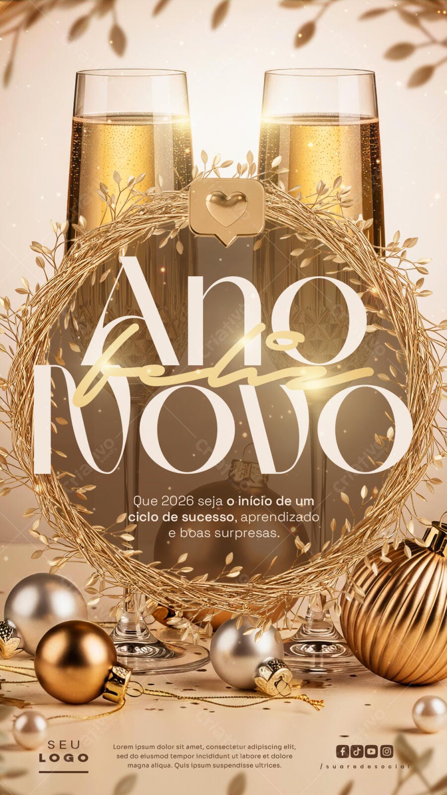Flyer Ano Novo com Taças de Champanhe e Dourado PSD Editável