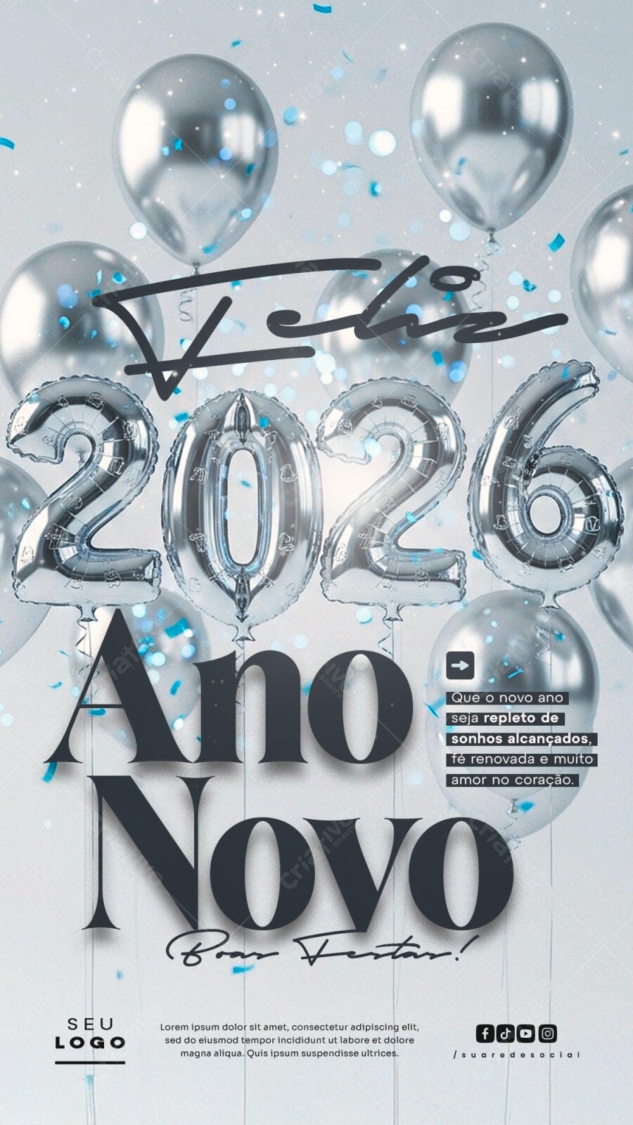 Flyer Feliz Ano Novo 2026 Balões Prata PSD Editável