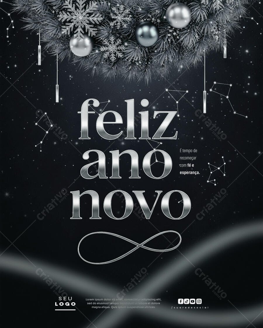 Flyer Feliz Ano Novo Fundo Estrelado Prata PSD Editável