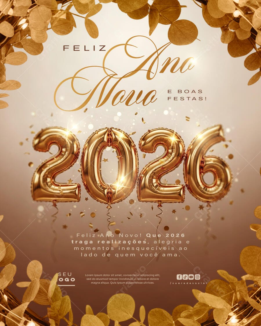 Flyer Boas Festas Ano Novo 2026 Balões Dourados PSD Editável