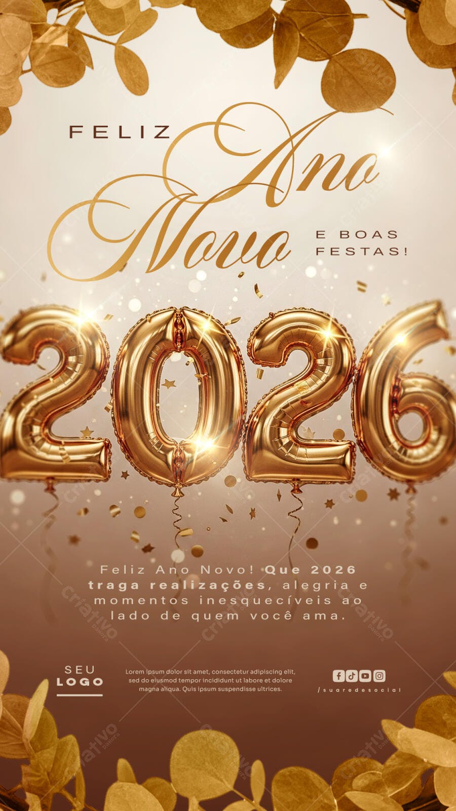 Flyer Redes Sociais Ano Novo 2026 Dourado Festivo PSD Editável