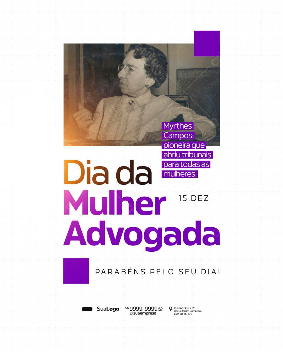 Flyer Dia da Mulher Advogada Myrthes Campos PSD Editável