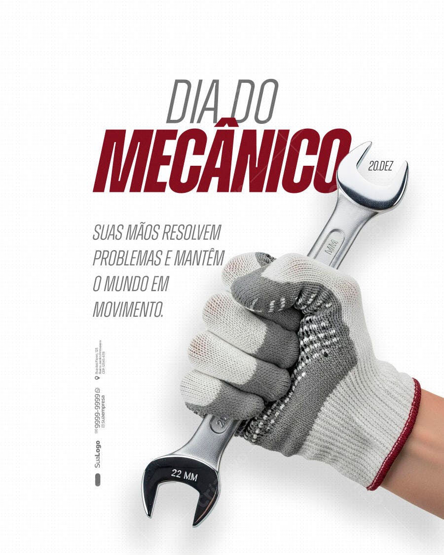 Flyer Dia do Mecânico 20 Dezembro com Chave Inglesa e Luva PSD Editável