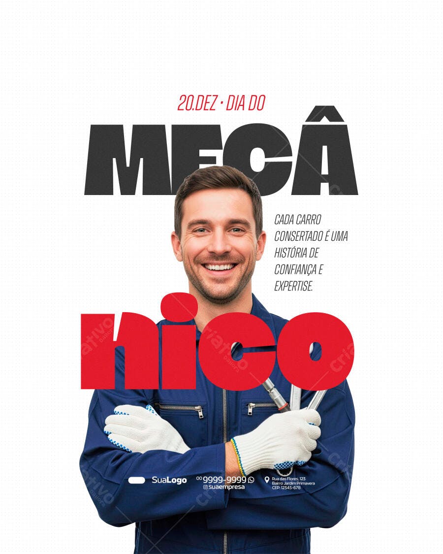 Flyer Dia do Mecânico com Homem Uniformizado e Ferramentas PSD Editável