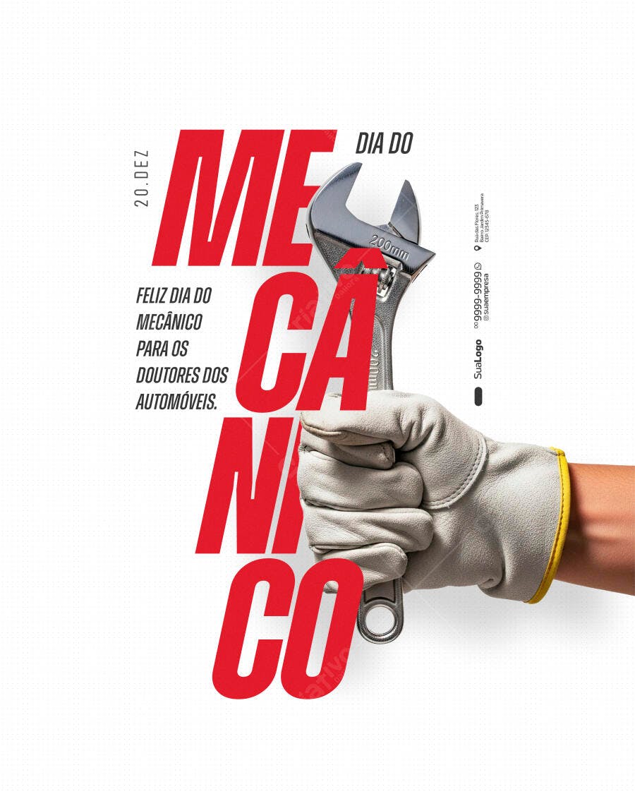 Flyer Dia do Mecânico 20 de Dezembro Chave Ajustável Luva PSD Editável