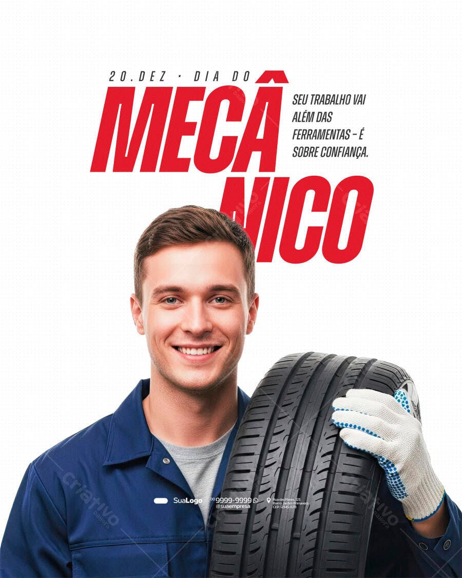 Flyer Dia do Mecânico 20 de Dezembro com Mecânico e Pneu PSD Editável