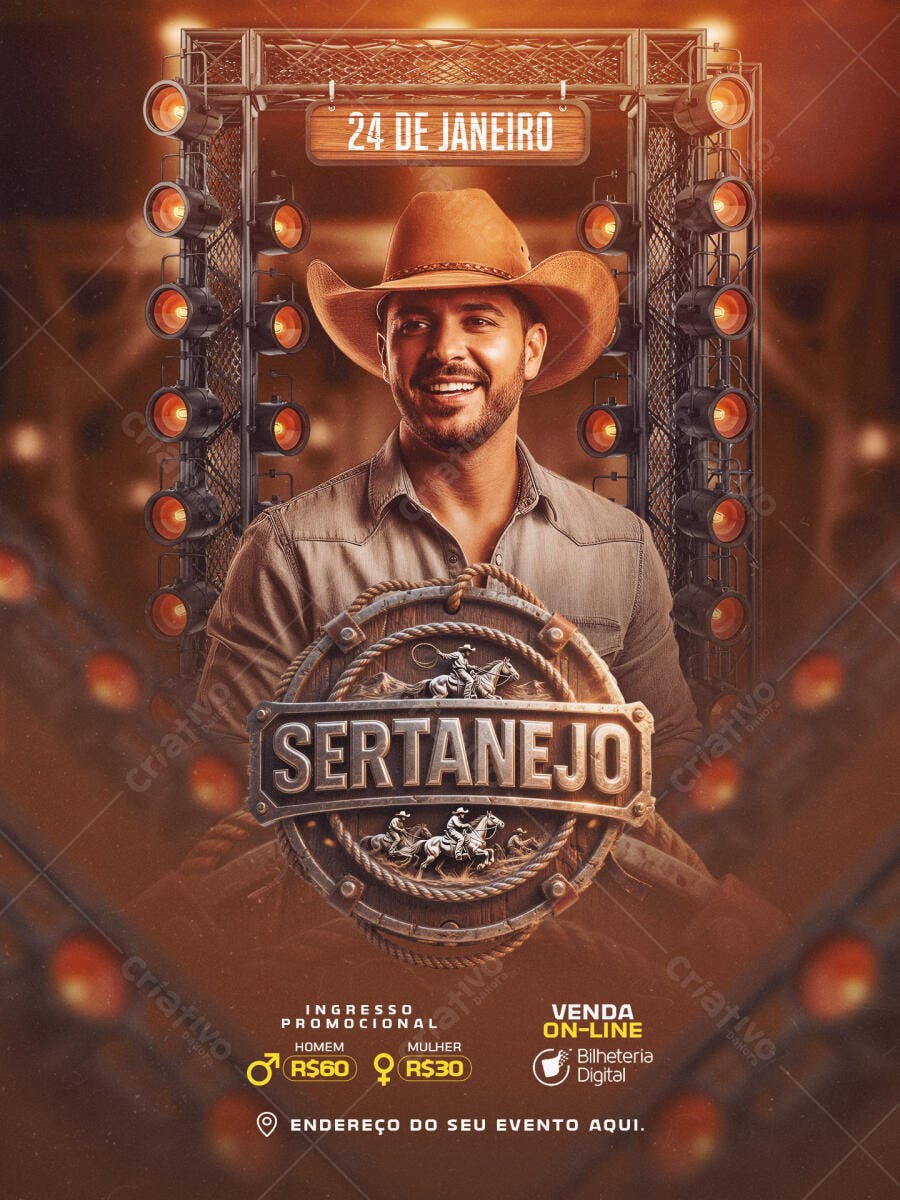 Flyer de Festa Sertaneja com Cantor Cowboy PSD Editável