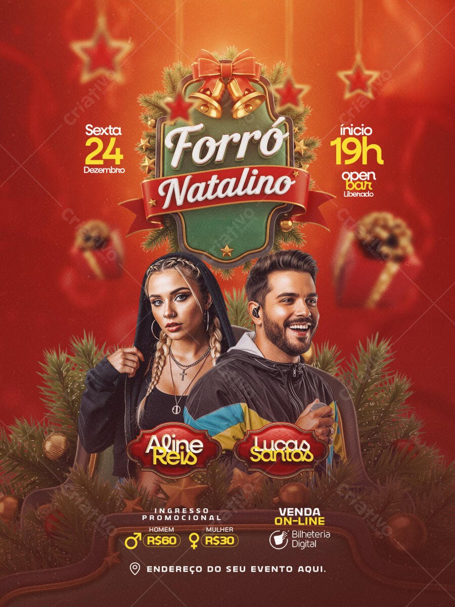 Flyer Forró Natalino com Aline Reis e Lucas Santos PSD Editável