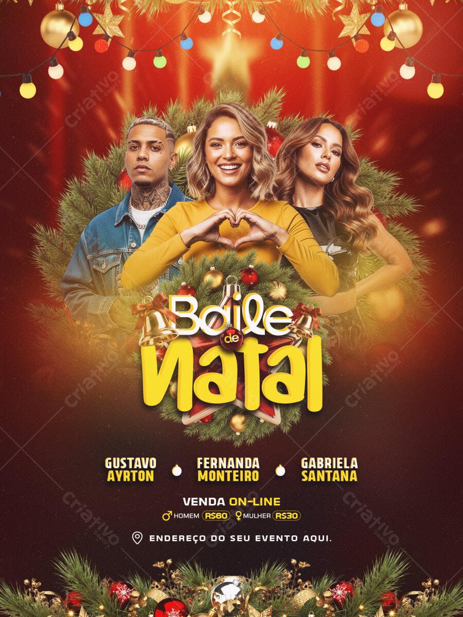 Flyer Baile de Natal Vermelho Dourado com Artistas PSD Editável