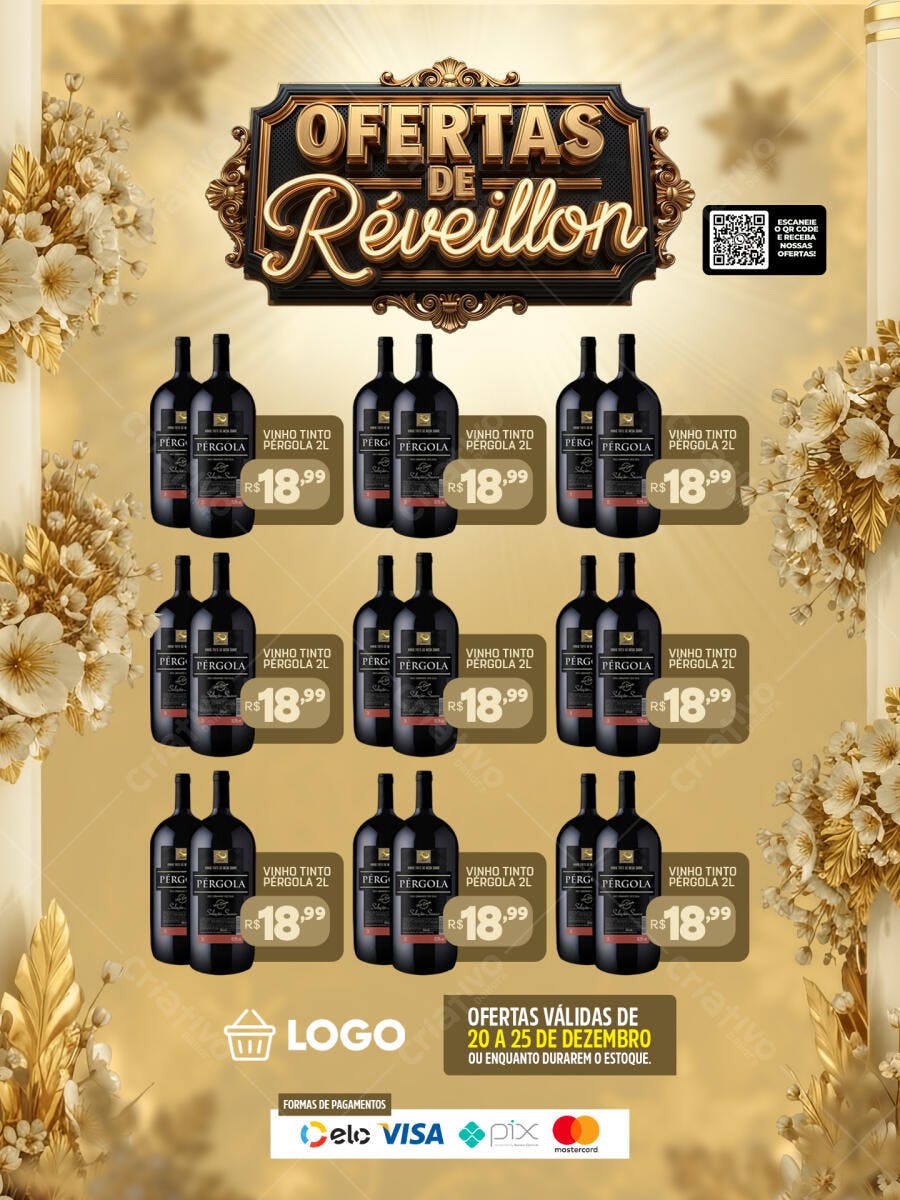 Flyer Promocional para Ofertas de Réveillon Vinho Pérgola PSD Editável