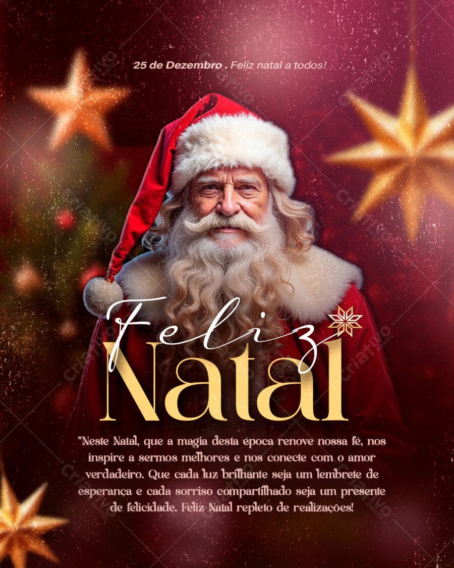 Post Natal com Papai Noel e Estrelas Douradas PSD Editável