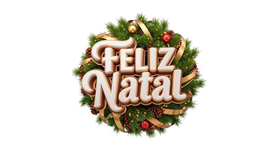 Selo 3D de Feliz Natal festivo com guirlanda verde dourada e vermelha