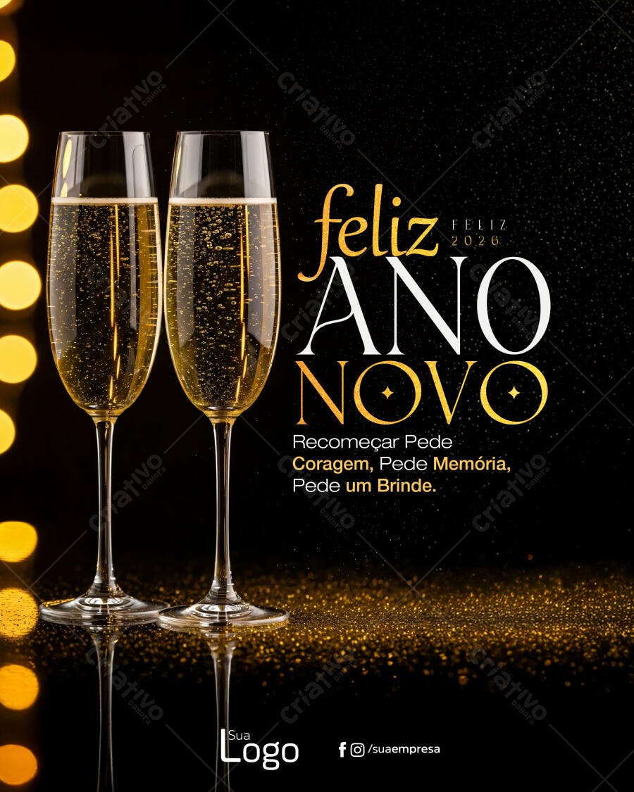 Flyer Feliz Ano Novo 2026 Brinde Taças Douradas PSD Editável