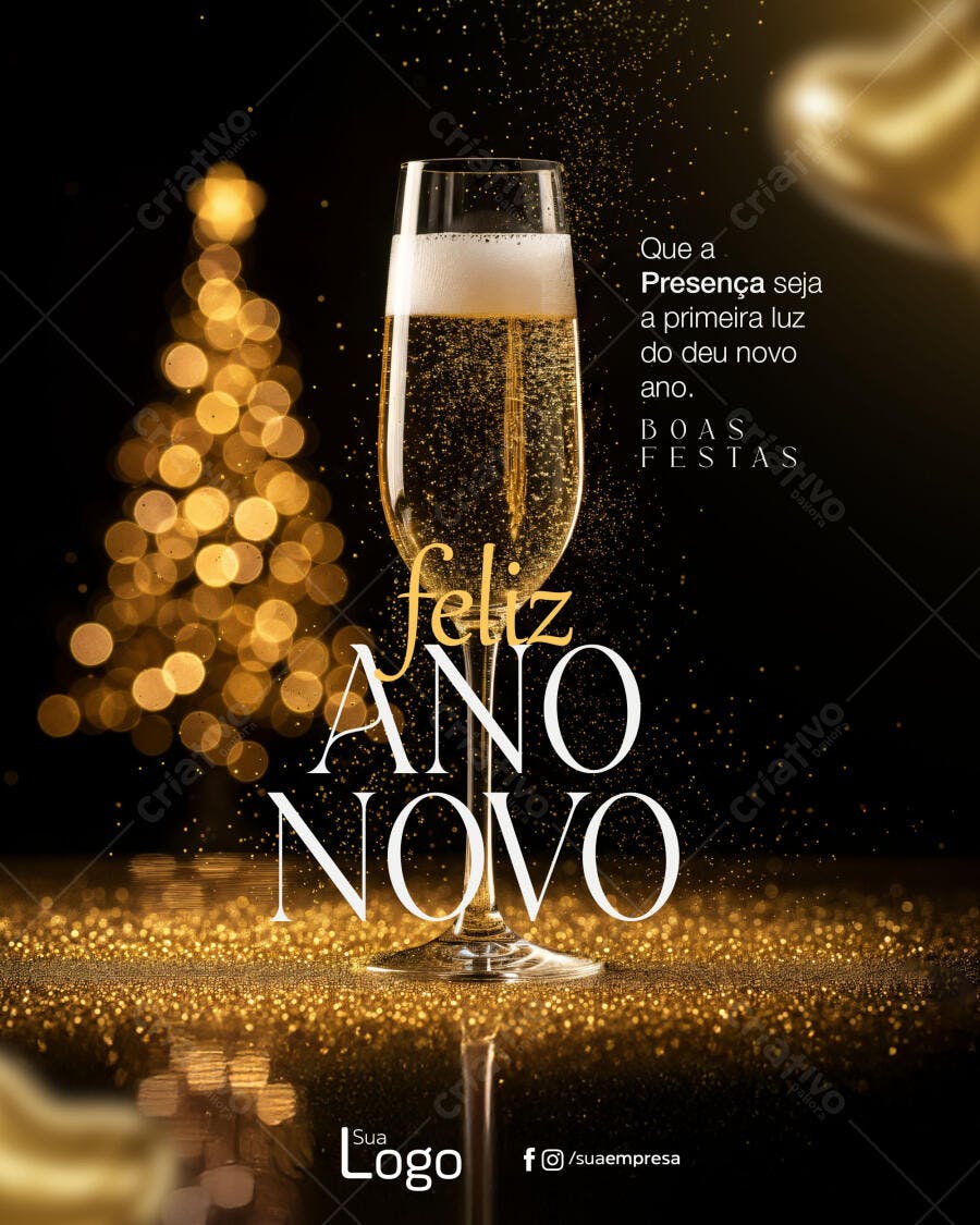 Flyer Festivo Ano Novo Presença Luz Dourada Taça Champanhe PSD Editável