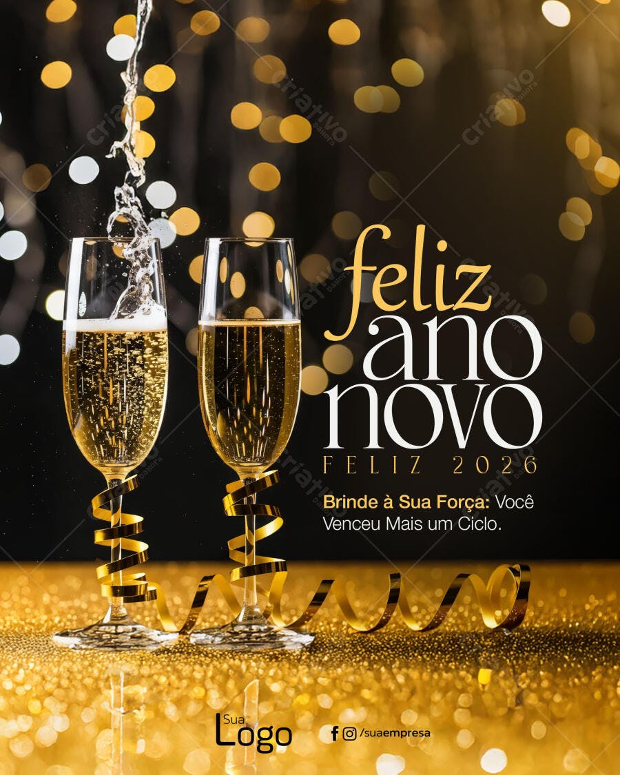 Flyer Feliz Ano Novo 2026 Champanhe Dourado PSD Editável