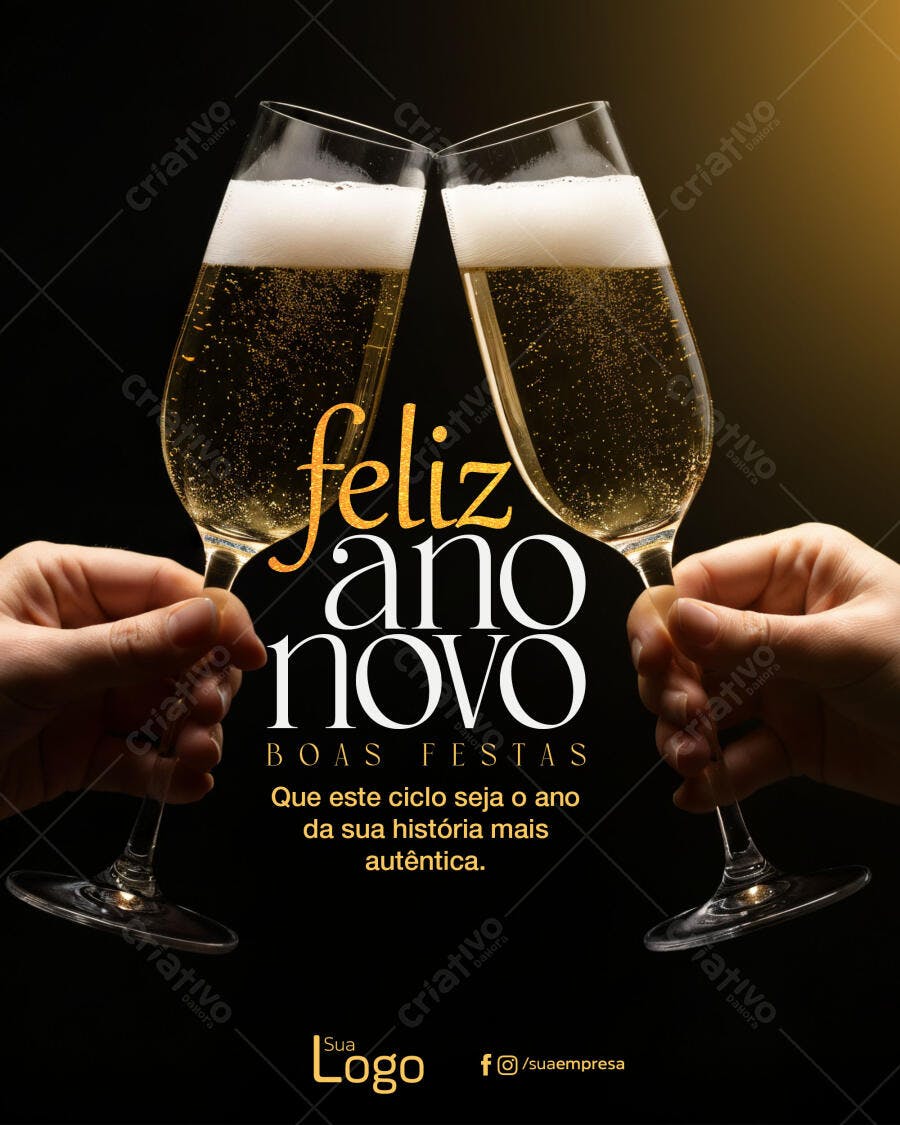 Post para Redes Sociais Ano Novo Celebração Champanhe PSD Editável