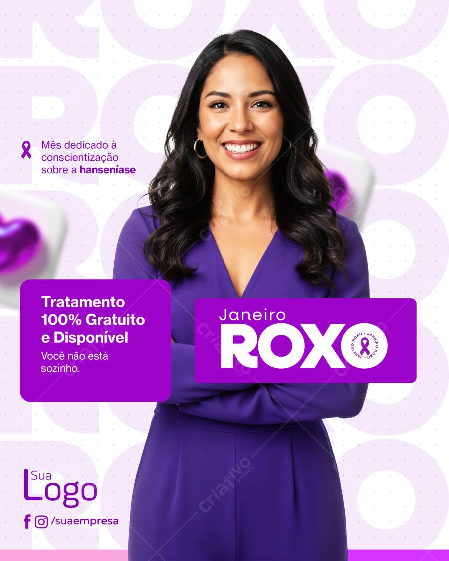 Post para Redes Sociais Janeiro Roxo Mulher Sorrindo PSD Editável