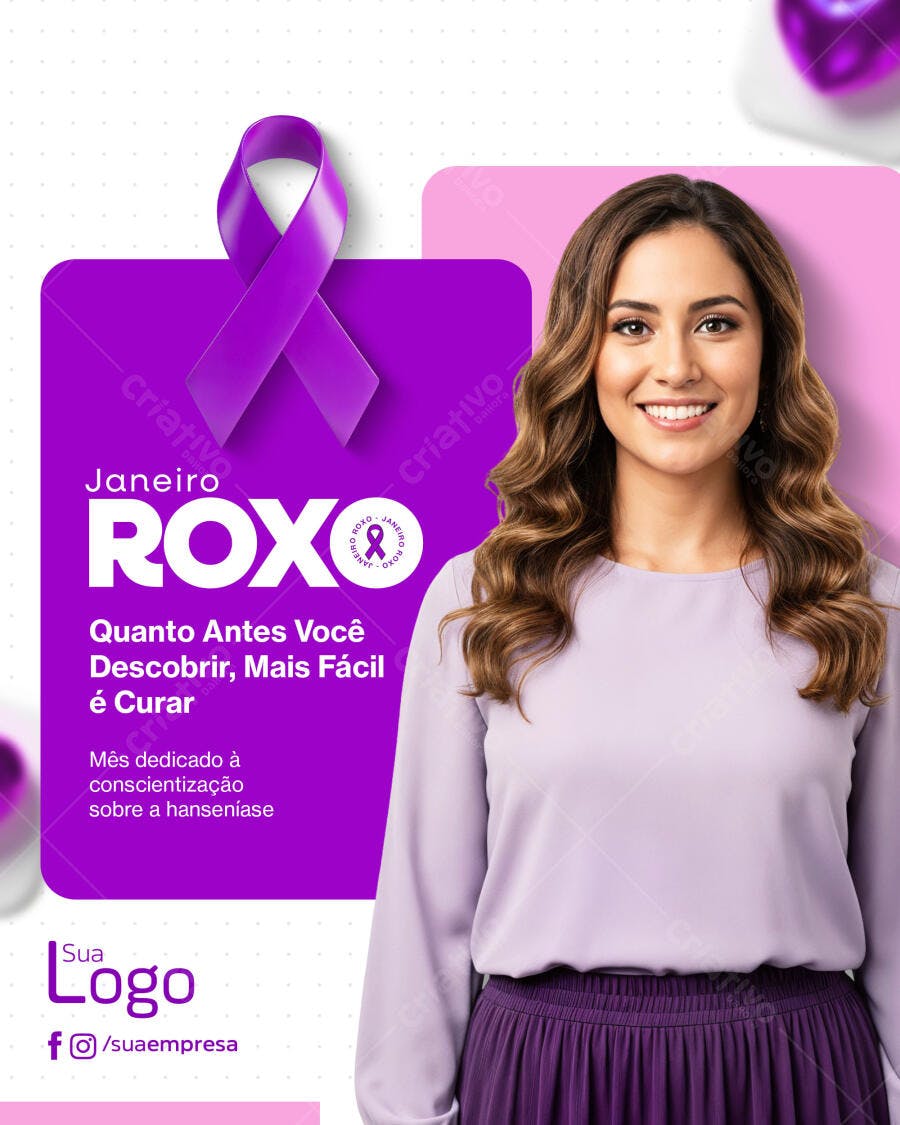 Flyer Janeiro Roxo Conscientização Hanseníase Mulher Sorridente PSD Editável