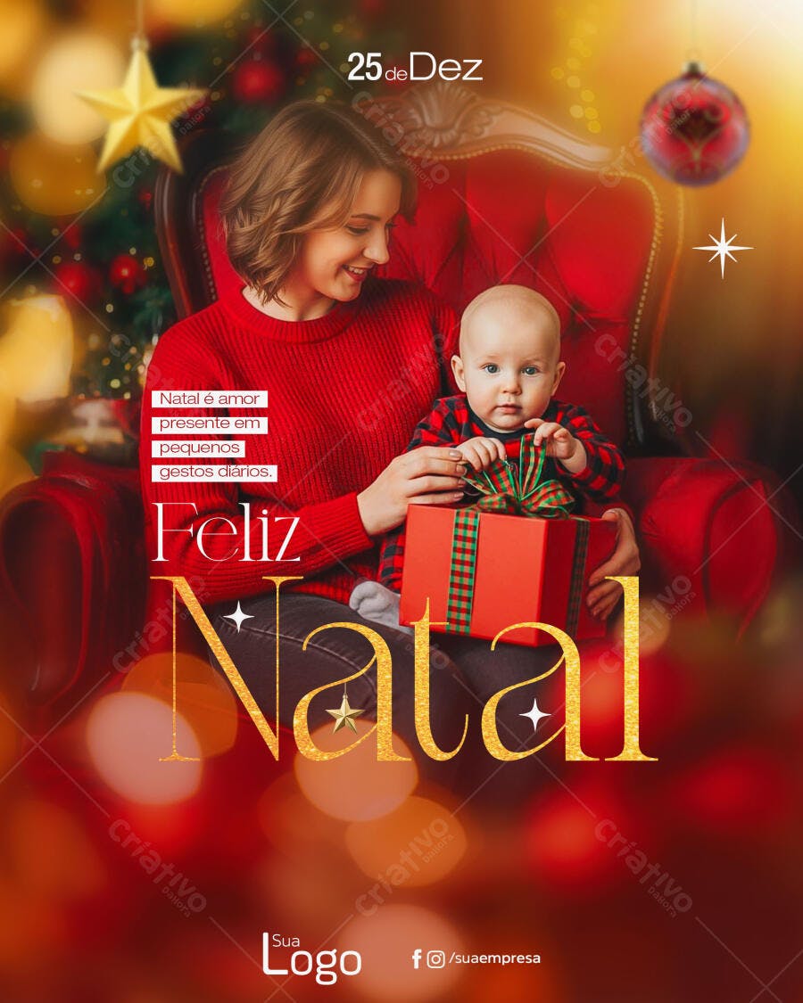 Flyer Feliz Natal com Mãe Bebê Presente Vermelho PSD Editável