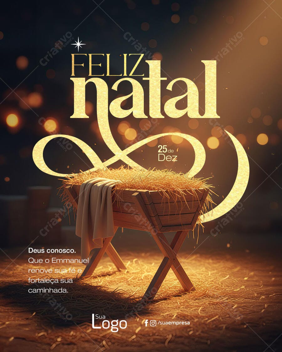 Flyer Feliz Natal Manjedoura Dourada Luzes Bokeh PSD Editável