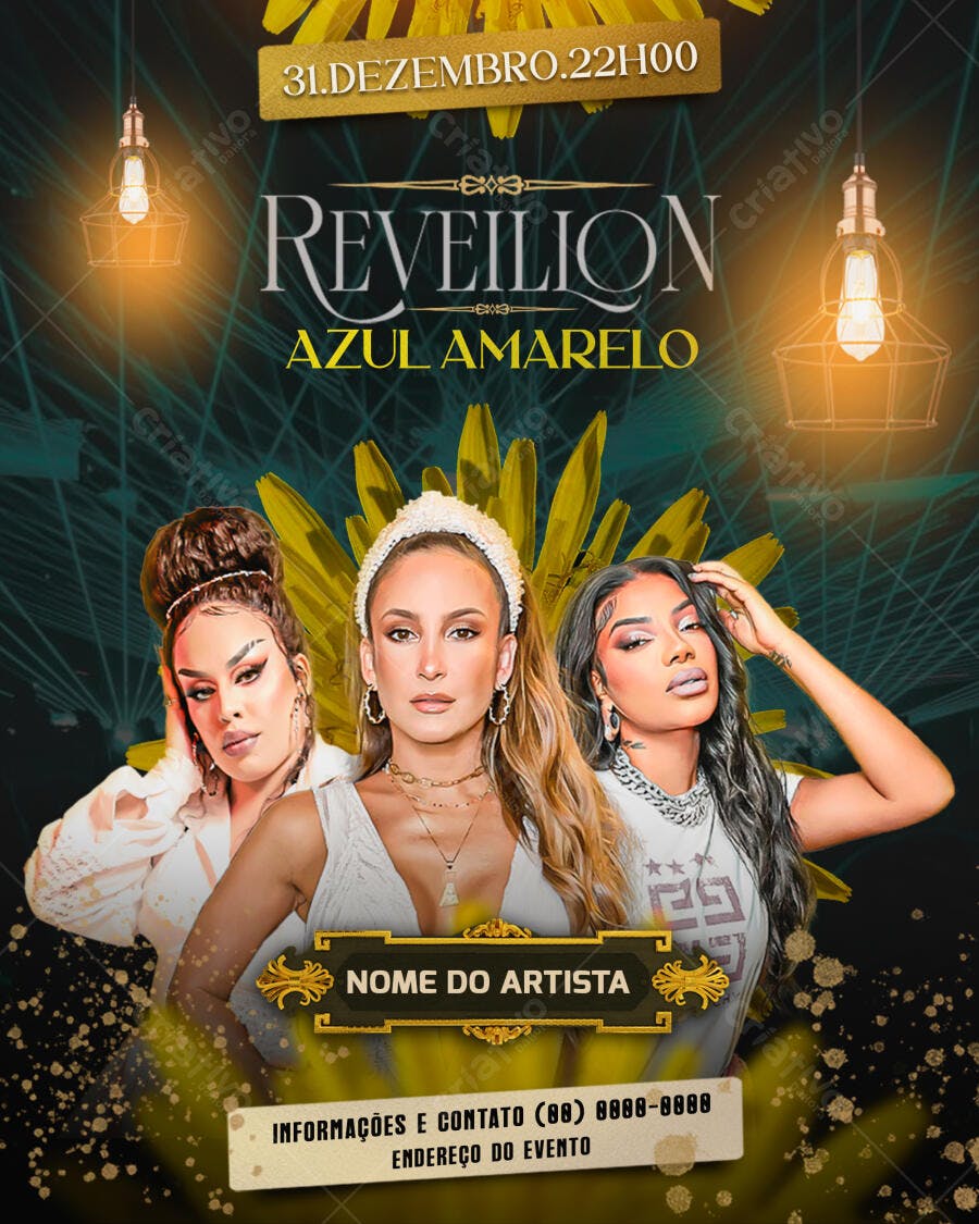 Flyer de Evento para Réveillon Azul Amarelo PSD Editável