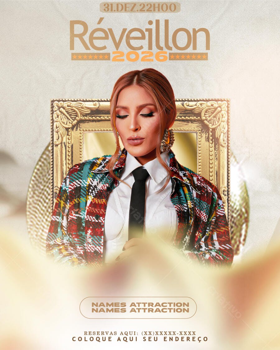 Flyer Réveillon 2026 Mulher Glamourosa Jaqueta Xadrez PSD Editável