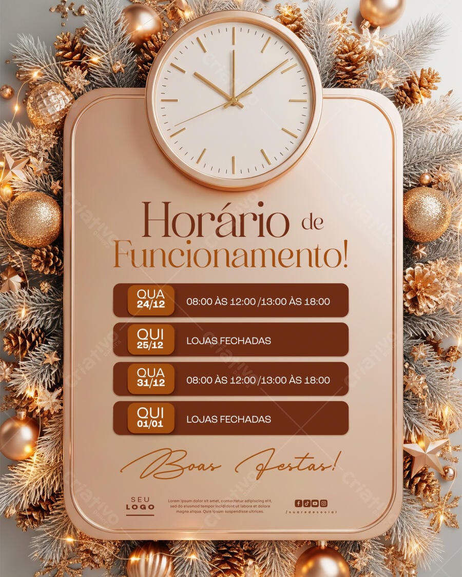 Flyer Horário de Funcionamento Natal e Ano Novo PSD Editável