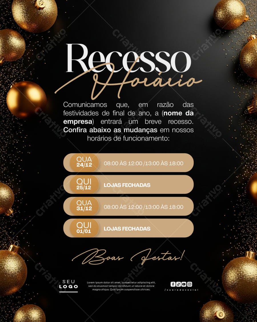 Flyer Recesso Horário Fim de Ano Natal Dourado PSD Editável