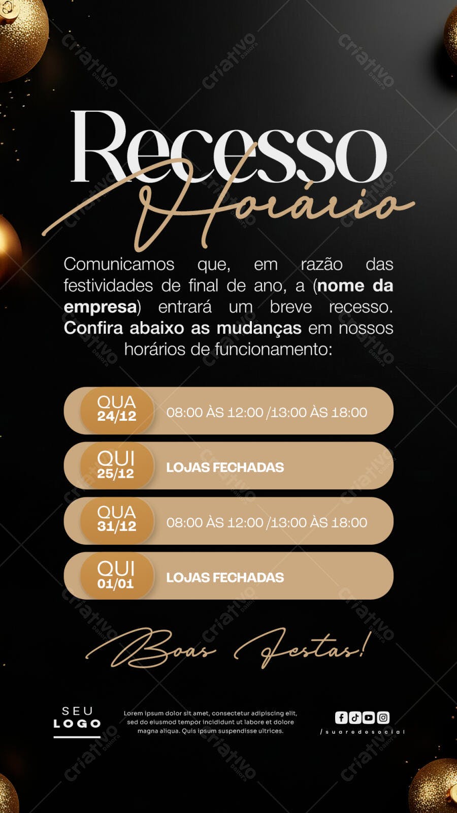 Flyer Recesso Horário Festas Fim de Ano PSD Editável