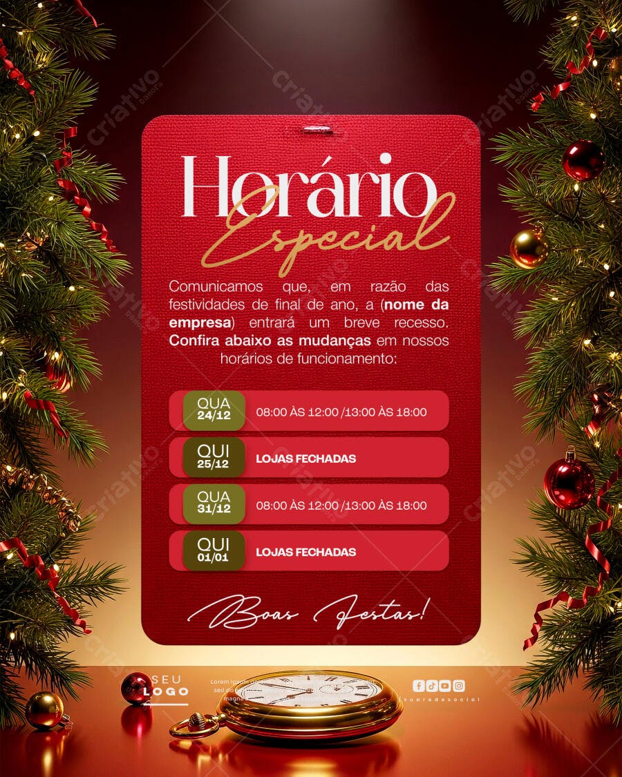 Flyer Horário Especial de Natal e Ano Novo PSD Editável