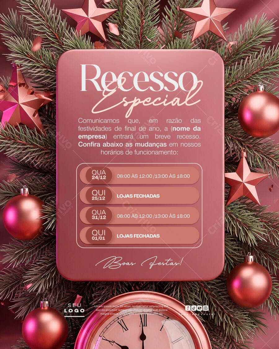 Flyer para Recesso de Natal e Ano Novo PSD Editável