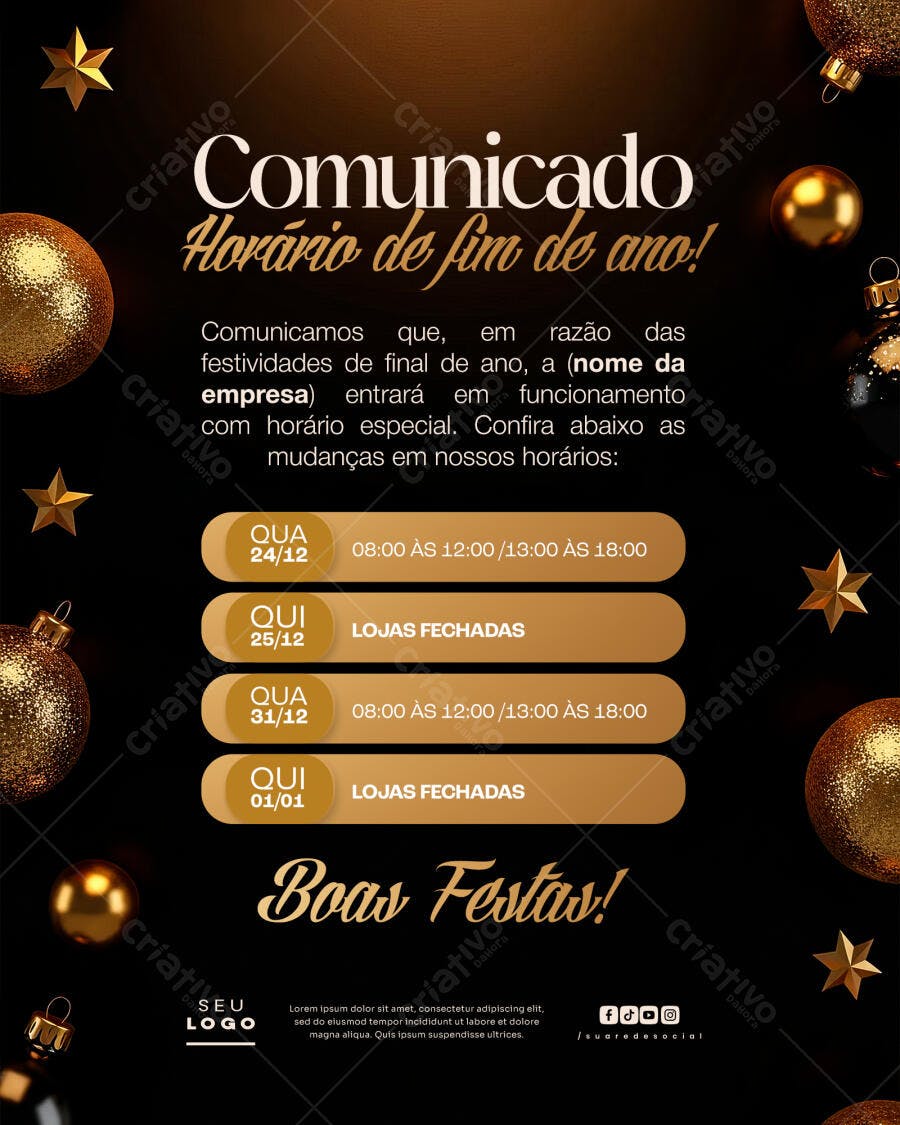 Comunicado de Horário de Fim de Ano com Boas Festas PSD Editável